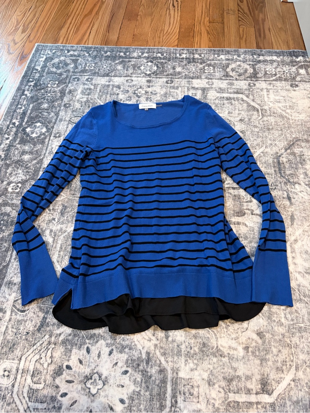 Calvin Klein Cobalt Blue with Black Striped Layered-Hem Sweater
